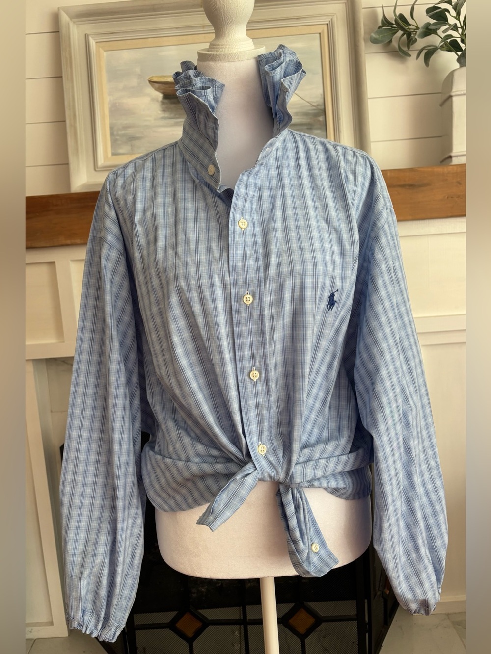 Custom Blue & White Check Ralph Lauren Ruffle Shirt with Balloon Sleeve LG/XL